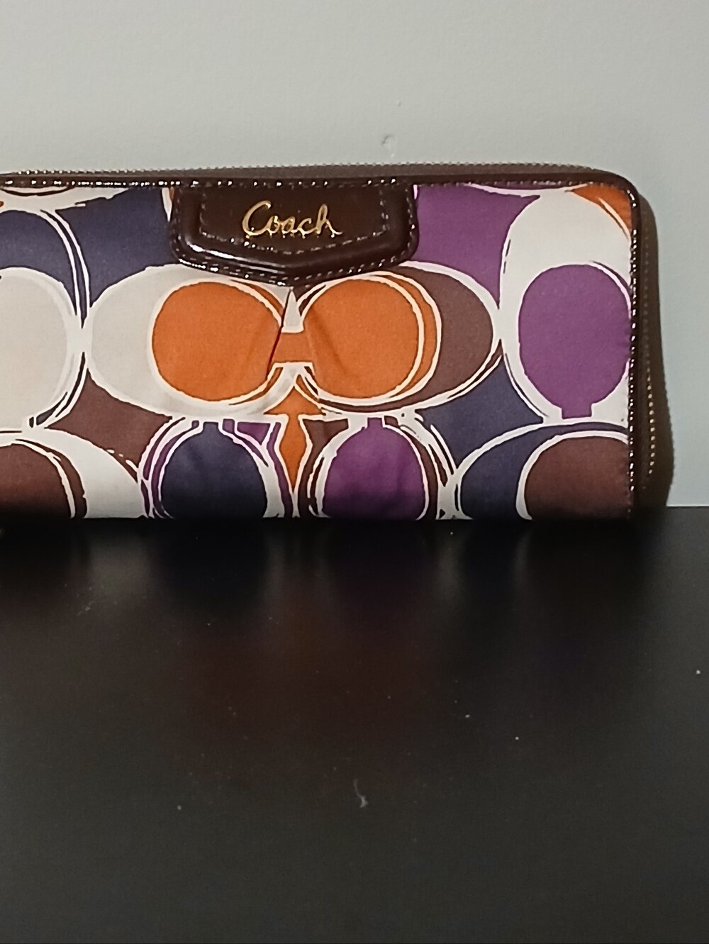 Coach Multicolor Circle Print Zip Wallet in Orange, Purple & Brown